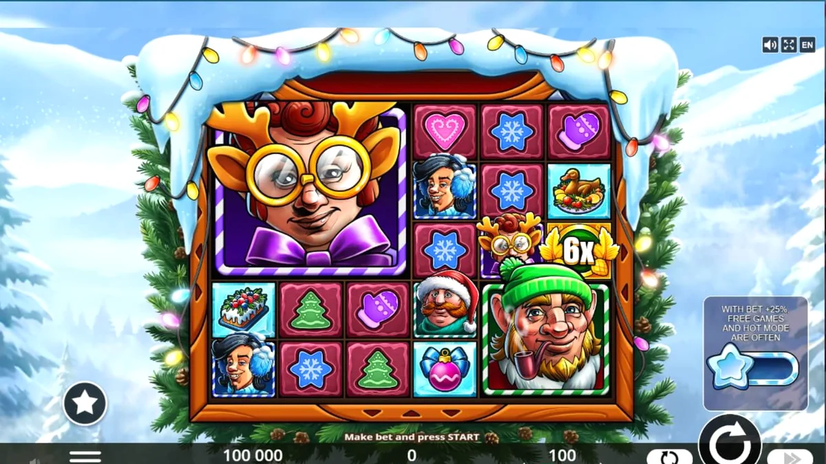 Cenário festivo e acolhedor da taverna no slot Frozen Barrel Tavern