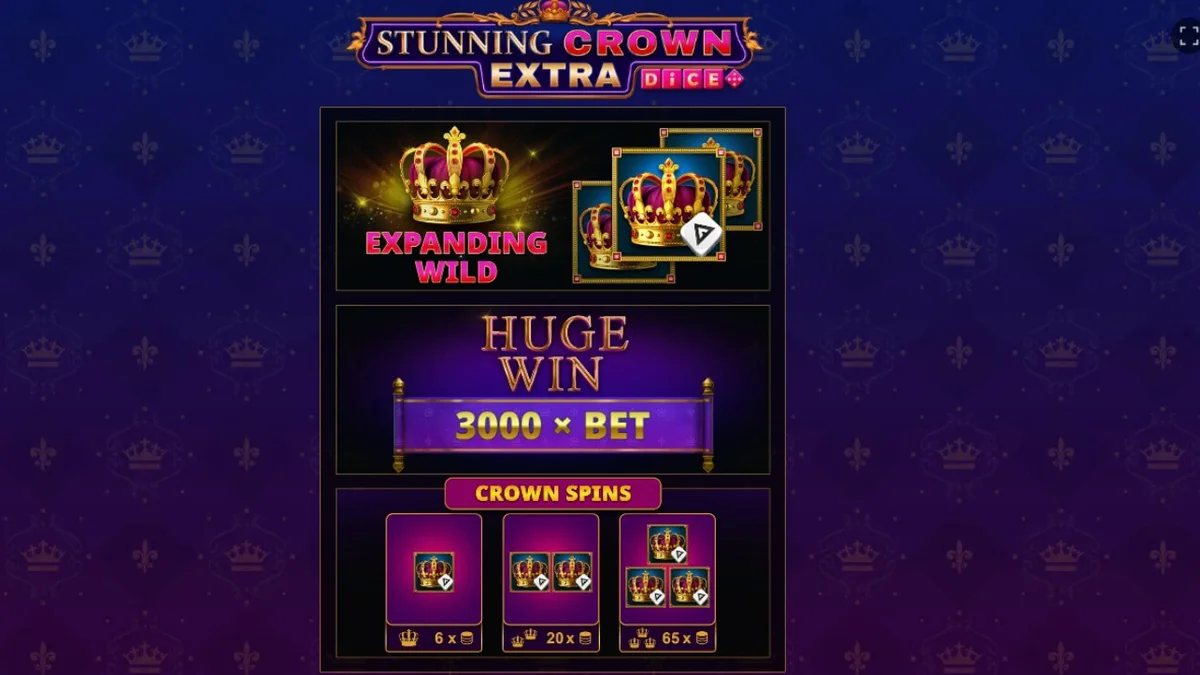 Interface do slot Stunning Crown Extra Dice com coroas e joias brilhantes